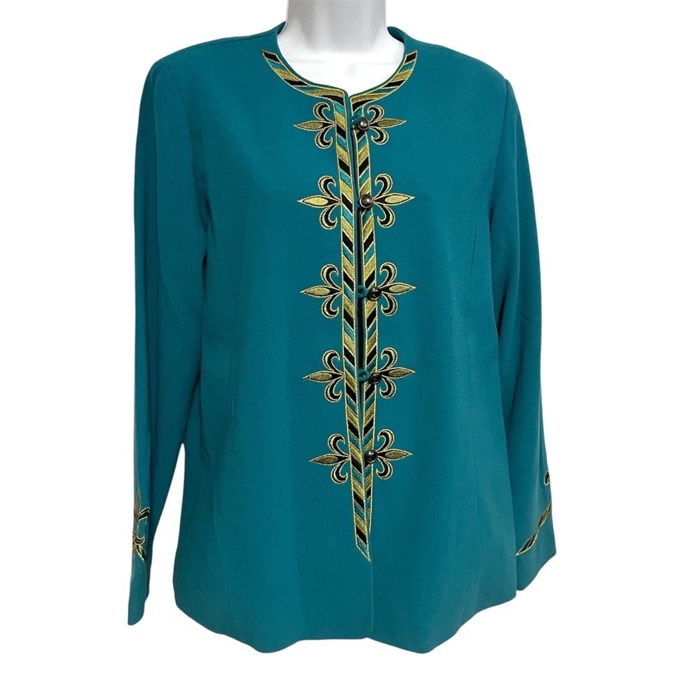 Bob Mackie Art Teal Blazer Jacket Gold Embroidery Size Small Maximalist Funky
